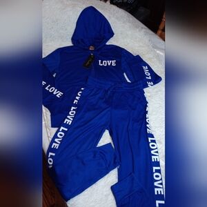 Kids Blue Pajama Set with Love Print, Women's Sports Set #M ,new, Blue
